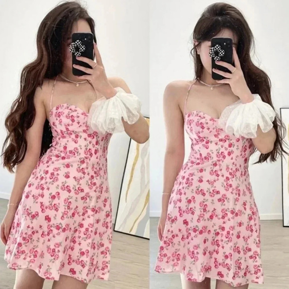 Zara Bloggers Favorite Pink Floral Lace Up Cutout Strappy Linen Blend Mini Dress - Picture 4 of 15